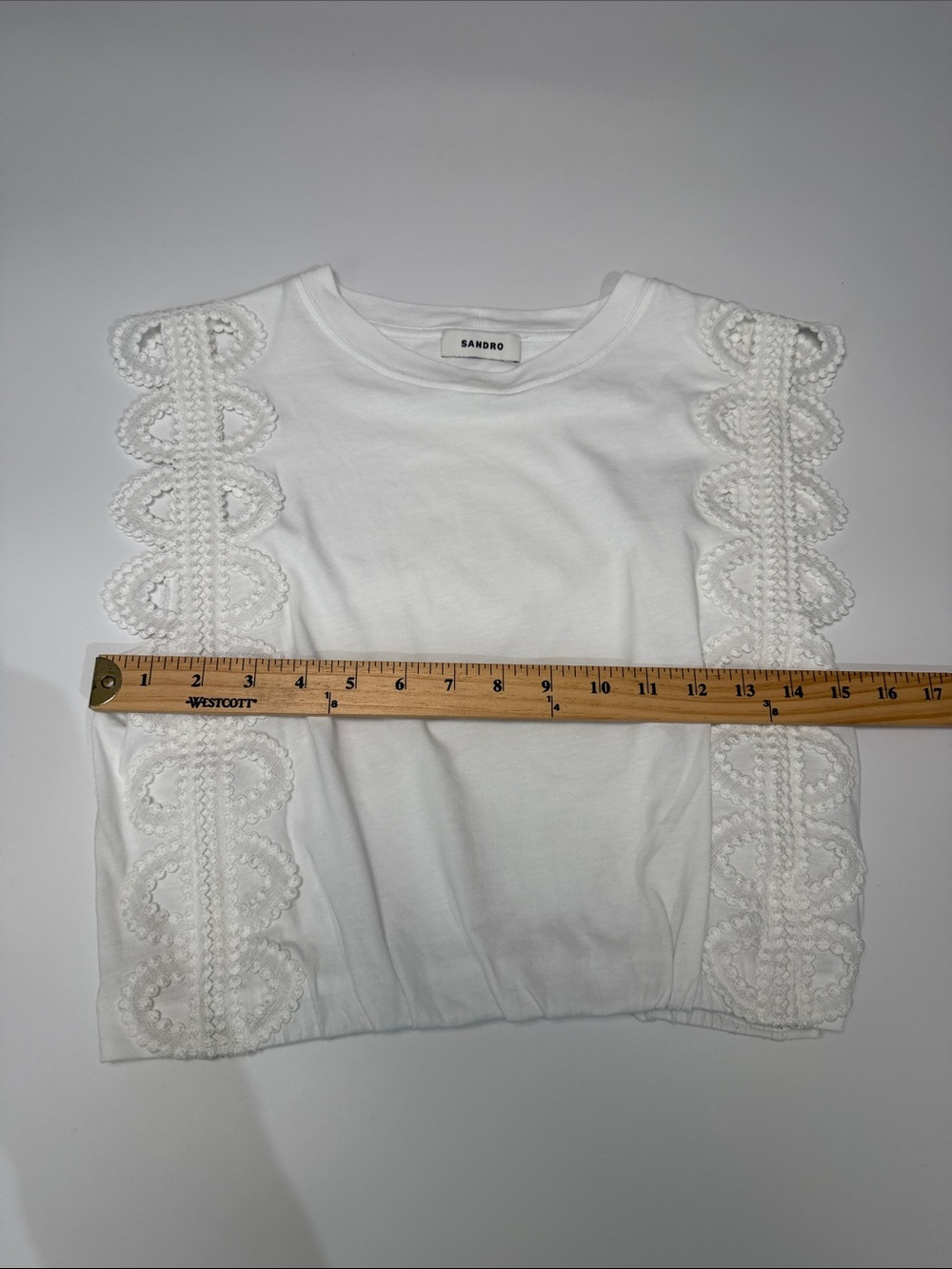 SANDRO White Embroidered Lace White Cropped Tee S - Picture 4 of 8